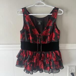Moda International Black/Red Floral Silk Sleeveless Ruffle Blouse Valentine Sz M